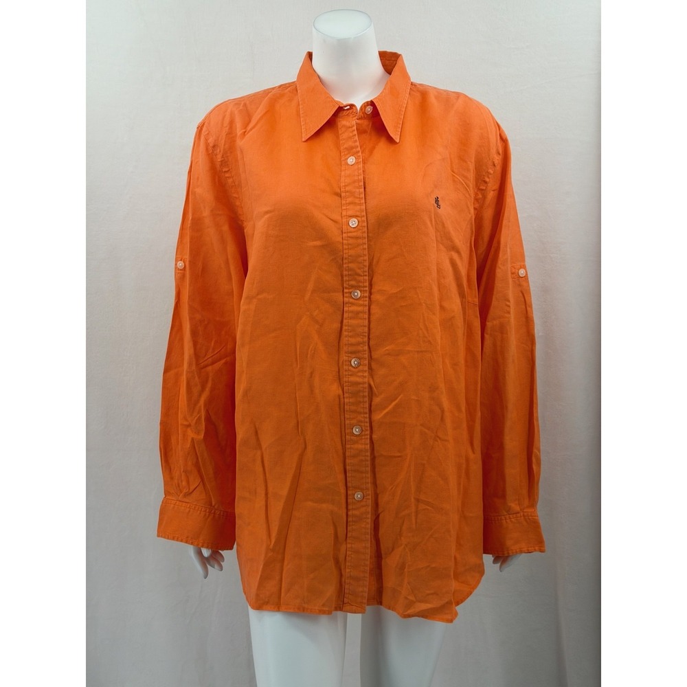 Lauren Ralph Lauren Top Womens 3X Orange Button Up Long Sleeve 100% Linen Casual
